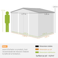 Outsunny Cobertizo de Jardín de Exterior 4,9 m² 277x195x192 cm Caseta de Jardín Metálica con 2 Puertas Corredizas Base Refuerzo (Suelo NO Incluido) para Patio Terraza - details 8