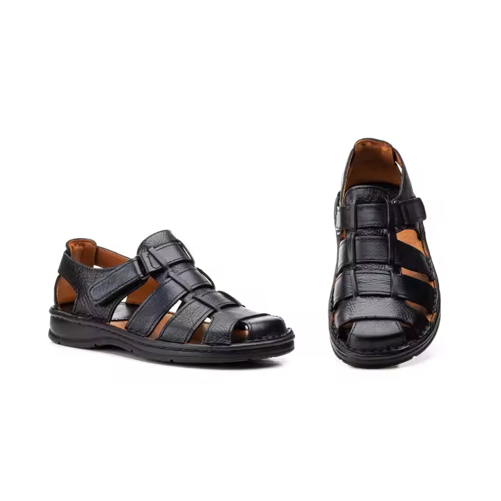 R83-5800 Negro y Marron Hecho en España Sandalias Hombre Piel Negro y Marron Velcro Numeración: 39-45 Marca: Route 83 Color: Negro y Marron sandalia hombre muy comoda todo piel planta de gel con cierre de velcro ideales para el verano - 1