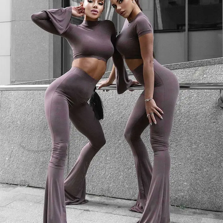  Conjunto De Primavera Para Mujer Con Top Y Pantalones Estilo Callejero De Moda Cuello Alto Mitad Manga Larga Tees Casual Slim Fit Spandex Y Poliéster - 1