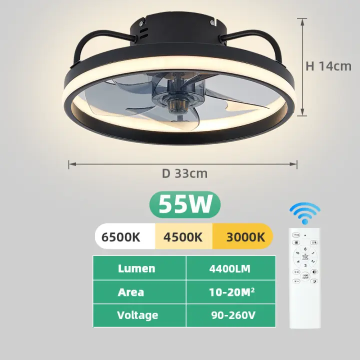 Ventilador de techo, ventilador de techo 6 velocidades ventilador silencioso regulable 3 colores con control remoto ventilador de techo inteligente con luces, decoración de habitación, lámpara de ventilador, aire invisible, faro silencioso, 55 W, 33 cm - 1