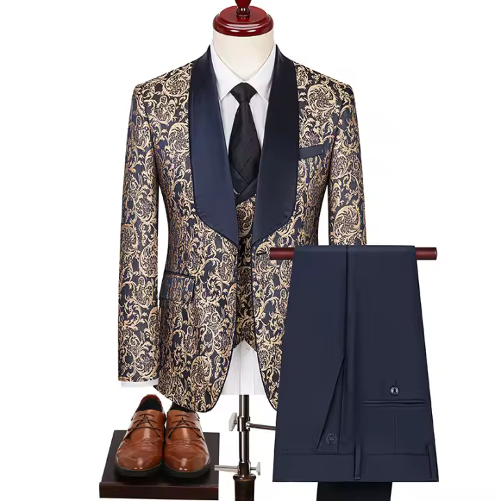 Traje De Tres Piezas Para Hombre Estilo Británico Primavera 2025 Traje De Negocios Casual Chaqueta Pantalón Alta Densidad Jacquard Vestido De Boda - 1