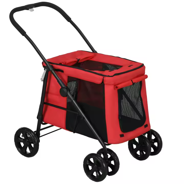 PawHut - Cochecito plegable para mascotas, para perros y gatos, con cojín, ruedas con freno, tejido Oxford 600D, acero, 102 x 62 x 105 cm, color rojo - 1