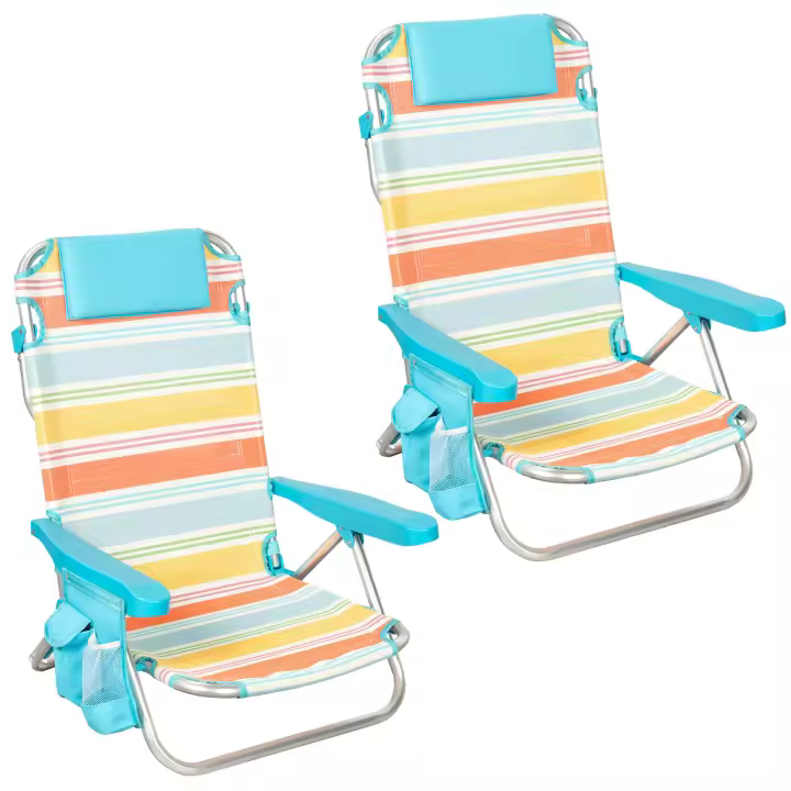 Aktive - Pack 2 sillas playa plegables aluminio 5 posiciones con cojín, 48x47x74 cm, bolsillos lateral y trasero, asas tipo mochila, ligeras y reclinables, diseño a rayas multicolor, camping, jardín, modelo santorini - 1