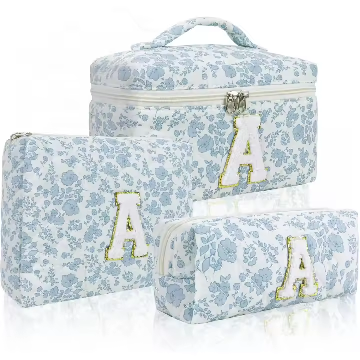 3 Pcs Travel Initial Quilted Makeup Bag set, Toiletry Personalized Floral Makeup Bag Birthday Gifts for teens girls and women, Cosmetic bags makeup organizer bag set-A - 1