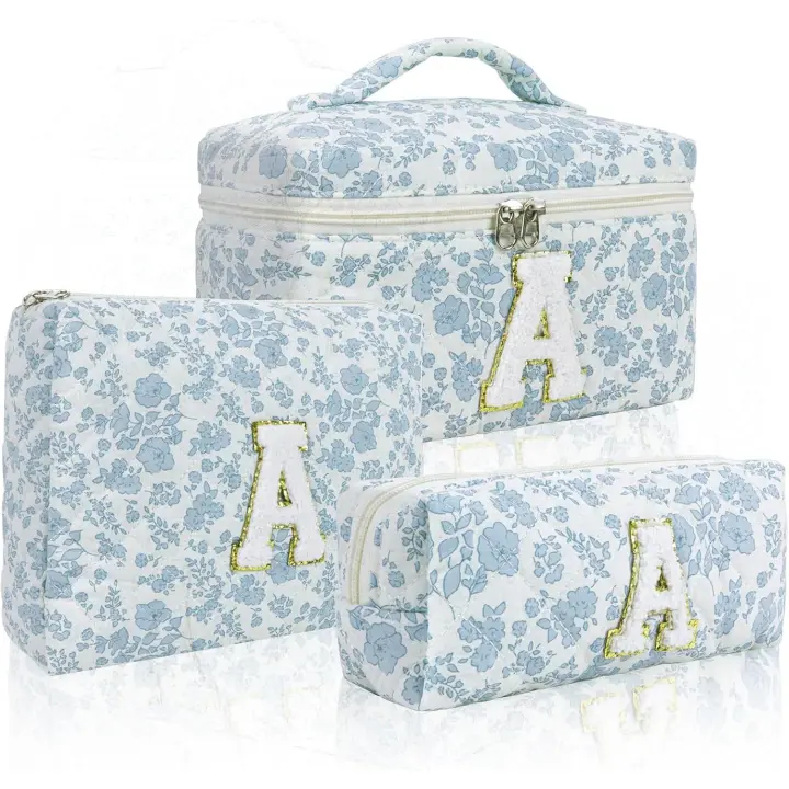 3 Pcs Travel Initial Quilted Makeup Bag set, Toiletry Personalized Floral Makeup Bag Birthday Gifts for teens girls and women, Cosmetic bags makeup organizer bag set-A - 1