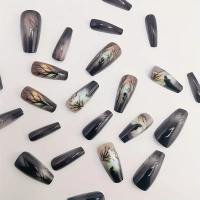 24 Piezas De Uñas Postizas Estilo Ballet Negro Con Siluetas De Árboles Misteriosas Y Luz Relámpago Accesorios De Belleza Para Manicura Press on - details 2