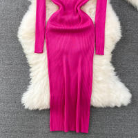 Vestido Largo A-Line Elegante De Cintura Alta Con Escote En V Para Mujer REALEFT Knitted Wrap Vestido De Poliéster Otoño Invierno - details 19