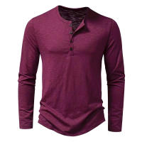 Camiseta De Algodón Para Hombre Con Botones Manga Larga Estilo Henley Color Sólido Transpirable Moda Versátil Slim Fit Casual - details 7