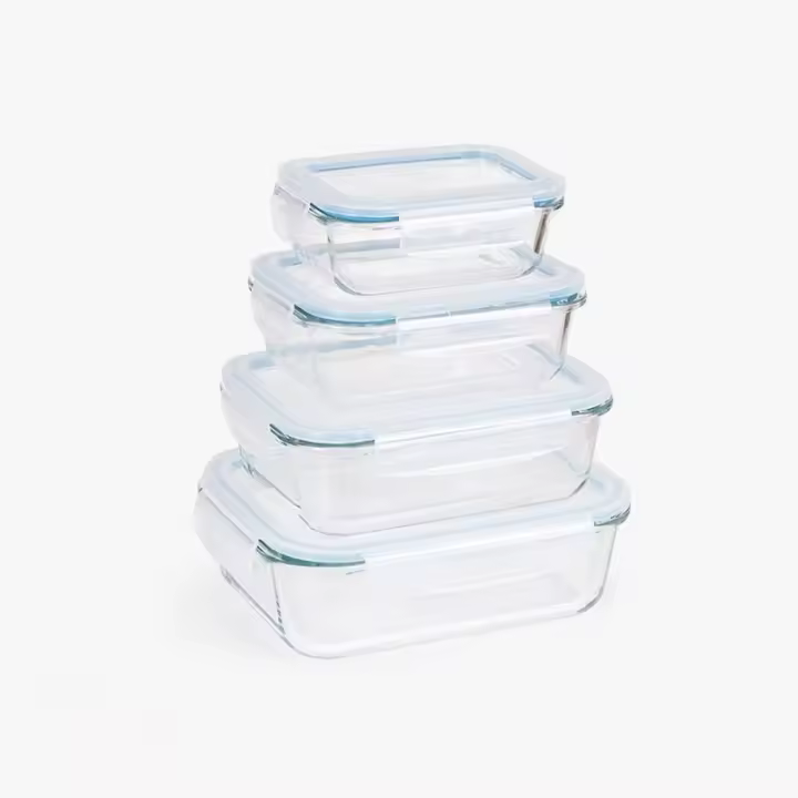 Set de 4 Recipientes Herméticos de Vidrio Borosilicato - Fiambreras Rectangulares 370cc a 1500cc , Recipientes de Cristal para Alimentos, Tapers Cristal Herméticos 1l - Con Tapa - Sin BPA - Aptos para Lavavajillas, Congelador y Microondas - 1