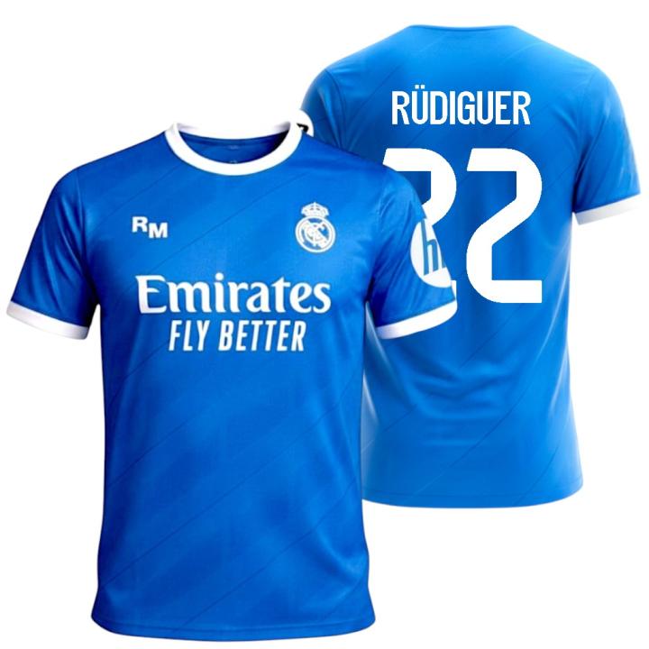 Real Madrid - 3ª Equipación Réplica Oficial | Temporada 25-26 | Color Azul con Detalles Blancos | Nombre y Dorsal Rüdiger 22 | Tejido Técnico Transpirable | Aficionados y Coleccionistas | Slim Fit