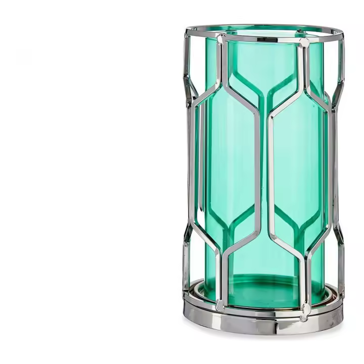 Portavelas Plateado Azul Metal Vidrio (11,5 x 19,5 x 11,5 cm) - 1