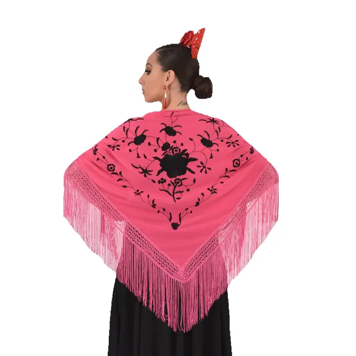 Mantón Mediano Rosa Bordado Negro con Flecos Rosa Anuka - 1
