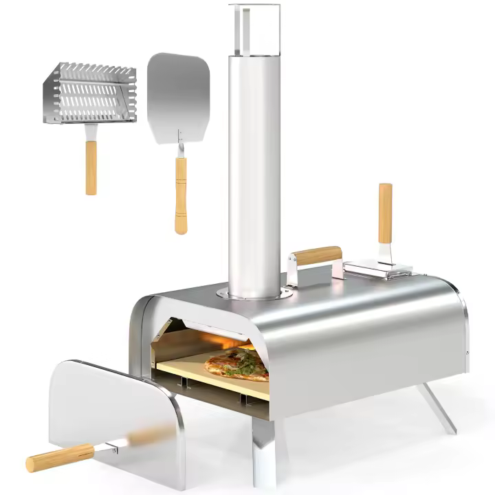 Outsunny Mini Horno de Pizza Exterior Portátil de Acero Inoxidable Horno de Leña con Piedra Refractaria Pala Patas Plegables Mangos de Madera Termómetro y Bandeja para Jardín Terraza Camping Patio - 1