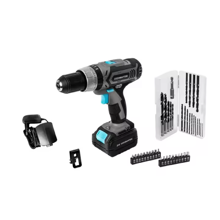 Taladro atornillador percutor con batería de 24 V y 2.000 mAh, motor DC 775, velocidad sin carga de 0-400/ 0-1.550 rpm, ratio de impacto de 0-6.000 / 0-22. - 1