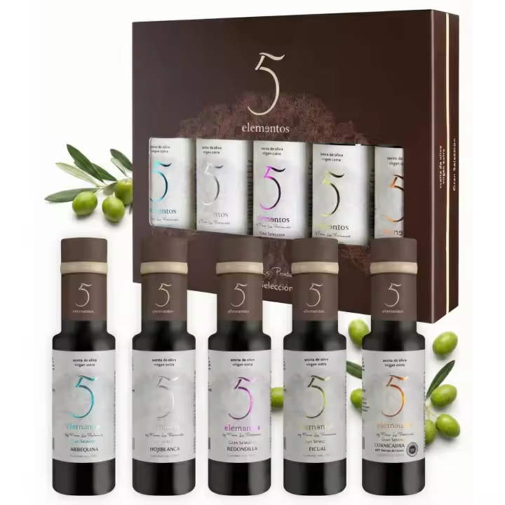 5 Elementos Gran Selección Aceite de Oliva Virgen Extra - Estuche Premium Degustación 5 Variedades: Picual, Arbequina, Cornicabra, Hojiblanca, Redondilla - Set Regalo Gourmet y Cata - 5x100ml - 1