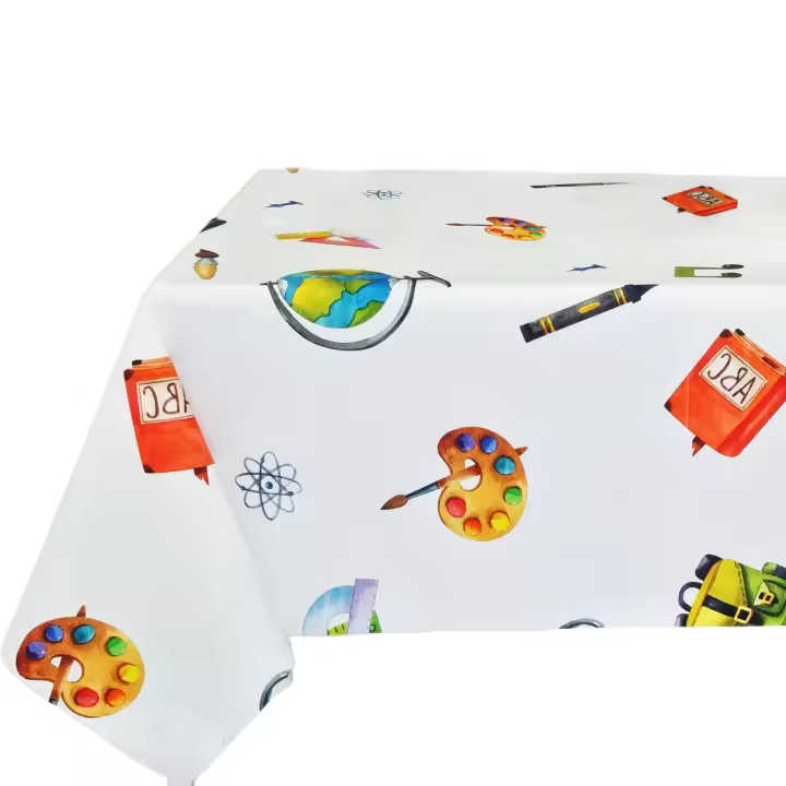 Mantel antimancha digital, Mantel lavable y impermeable, Ideal para hogar y dormitorio de niño, Para mesa rectangular, Caída decorativa, Estilo moderno, Dibujos infantil，Fondo blanca marfil ,multicolor, Lápiz,libro, globo,Ancho 137cm, DM155 - 1