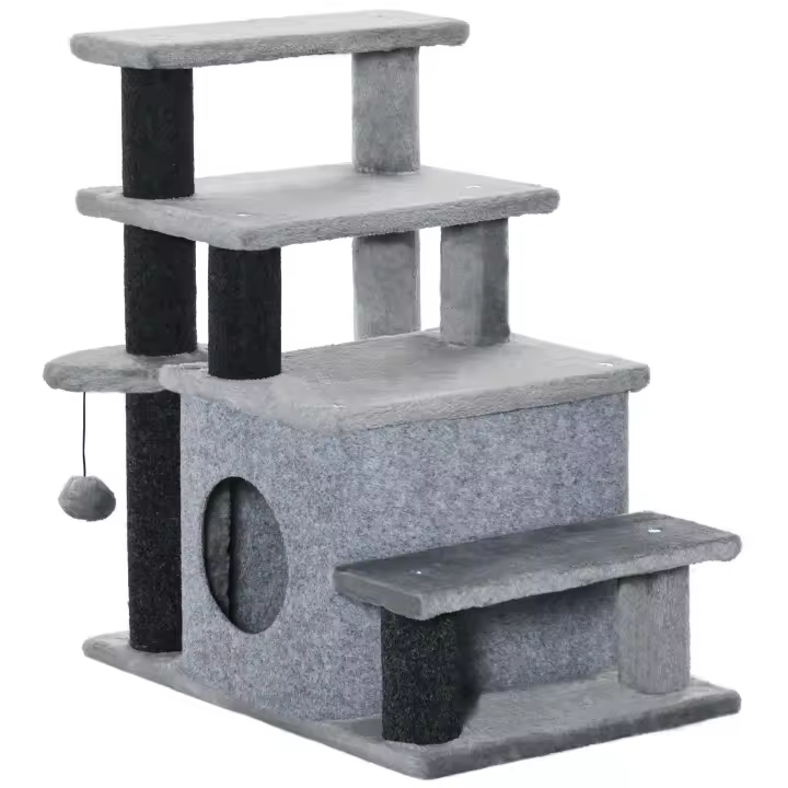 PawHut Escalera para Gatos de 4 Peldaños Escalón para Mascotas con Altura Ajustable Caseta Bola Colgante y Postes para Cama Sofá Carga 10 kg 60x40x66 cm Gris - 1