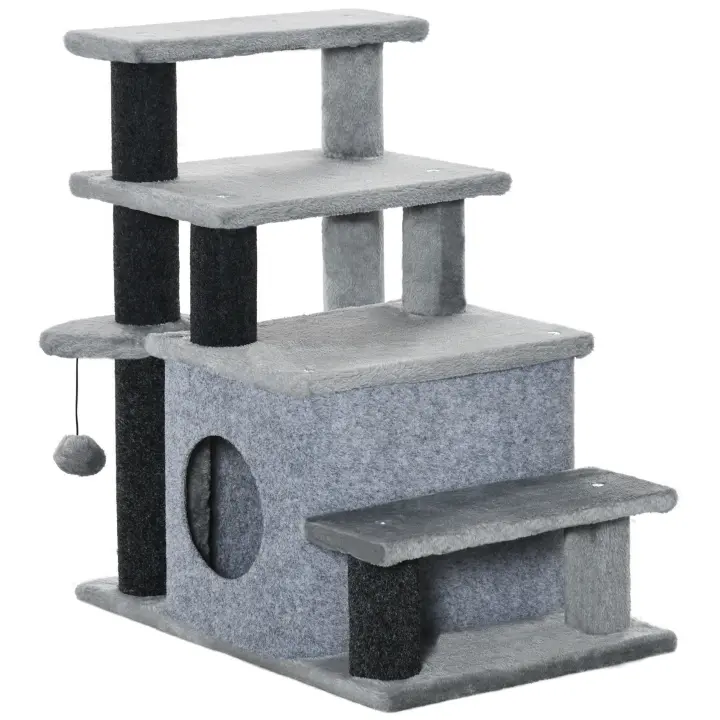PawHut Escalera para Gatos de 4 Peldaños Escalón para Mascotas con Altura Ajustable Caseta Bola Colgante y Postes para Cama Sofá Carga 10 kg 60x40x66 cm Gris - 1