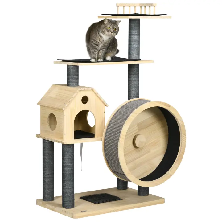 PawHut Árbol para gatos con rueda de equilibrio, rascador de 4 niveles, casa para gatos con columnas de sisal, cueva para gatos, madera de pino natural, 80 x 50 x 143 cm - 1