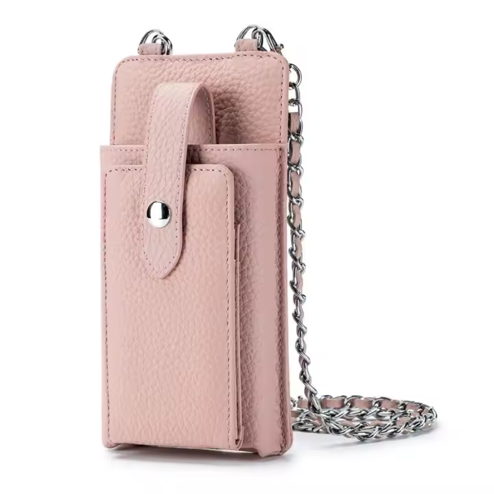 Cartera para teléfono móvil para Mujer, type Bandolera, de Piel Auténtica, Con tarjetero y Cadena de metal, color rosa - 1