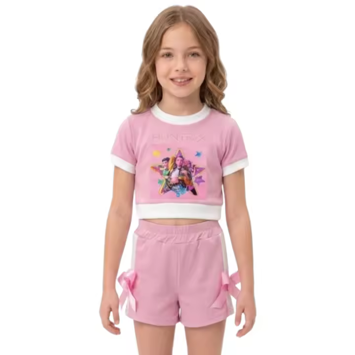 Conjunto K-Pop para Niña: Camiseta Crop de Manga Corta y Pantalón Corto de Chándal. Estilo Coreano Infantil Huntrix, Ropa de Verano - 1