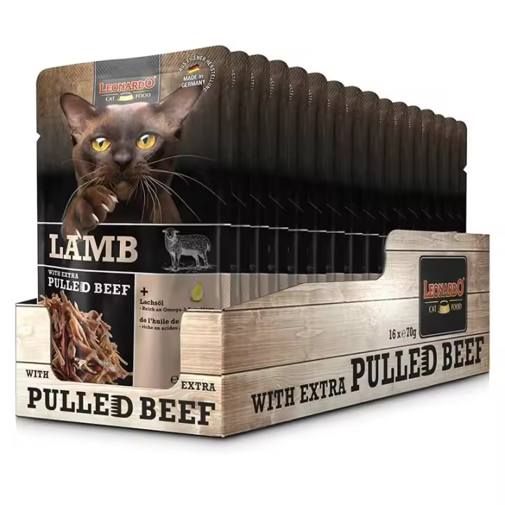 Leonardo Pulled Beef Sobres de Paté Combinado con Carne Desmenuzada - Comida Húmeda para Gatos (packs de 16 sobres x 70gr) - ¡Alimenta a tu gato con deliciosa y nutritiva comida húmeda! - 1