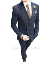 Traje De Novia Casual Para Hombre Con Rayas Lujo Británico Slim Fit Calidad Business Social Club Traje De Compra Homme De Algodón Y Lana - details 2