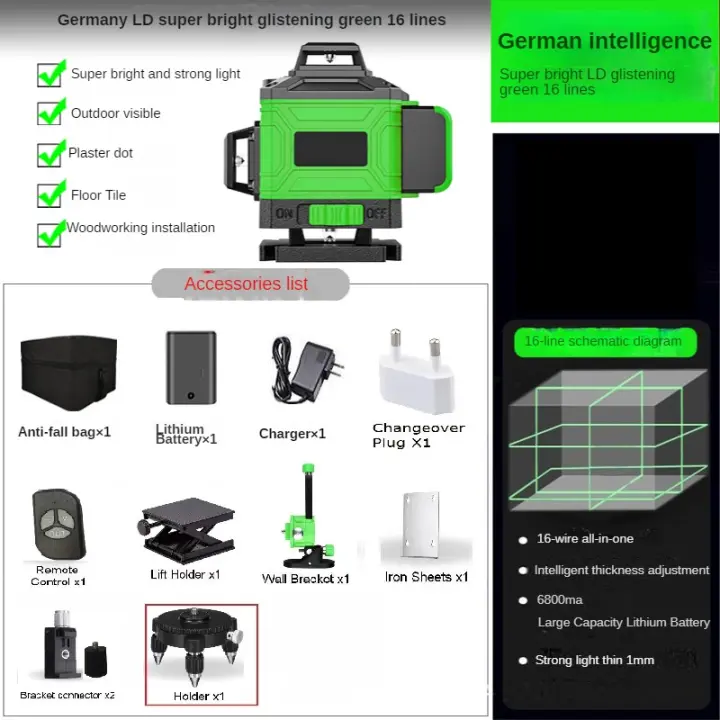 Nivel láser 4D de 16 líneas, autonivelante de línea verde 360°, niveles horizontales y verticales ﻿Nivel lazer, herramienta de nivelación de batería recargable por USB,Ip54 a prueba de polvo, impermeable, a prueba de terremotos, confiable y resistente - 1