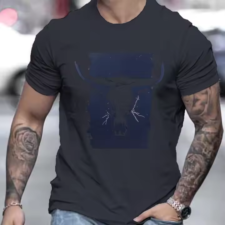 Camiseta De Verano Para Hombre 100% Algodón Estampado De Cabeza De Toro Occidental Casual De Tamaño Grande Manga Corta Cuello Redondo Top Transpirable Ligera De Secado Rápido Protección Solar Estirable Sostenible - 1