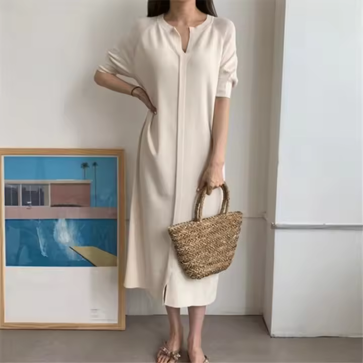 Vestido Largo De Verano Para Mujer REALEFT Estilo Coreano Casual Suelto Con Cuello En V Manga Larga Color Sólido Vestido Midi - 1