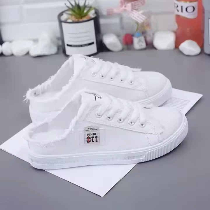 Zapatos Planos Para Mujer Mocasines Blancos Con Cordones Primavera/Verano Colección Nueva 2024 Material Superior De Tela CANVAS Punta Redonda Casual - 1