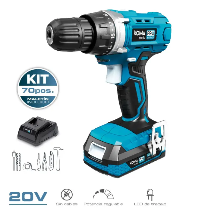 Kit maletin taladro atornillador 20 v con 70 accesorios con batería y cargador koma tools - 1
