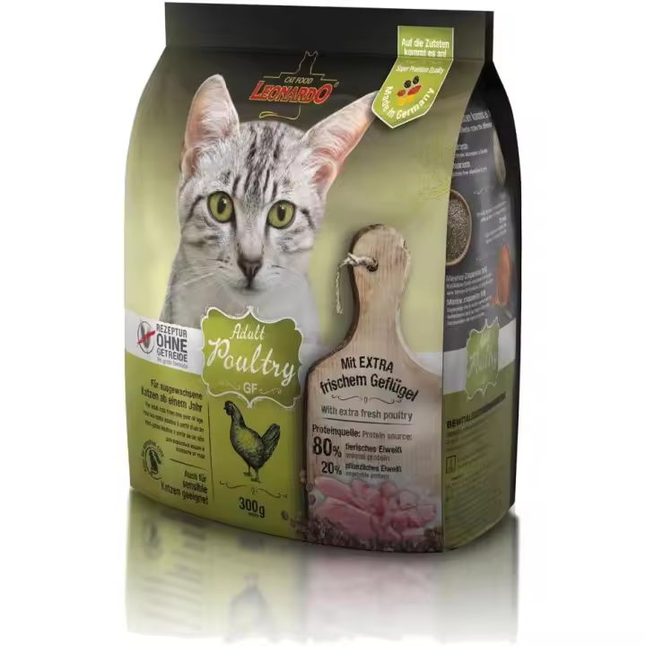 Pienso para gatos Adult Poultry GF en 7.5kg, 1.8kg y 300gr Alimento seco y completo sin Cereales para Gatos Adultos de Todas Las Razas a Partir de 1 año - Leonardo - 1