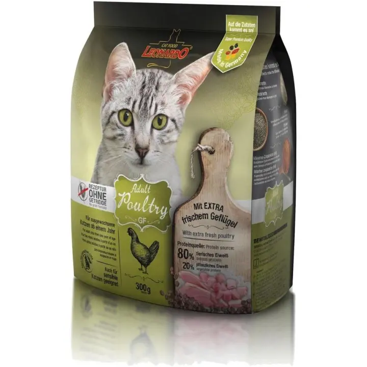 Pienso para gatos Adult Poultry GF en 7.5kg, 1.8kg y 300gr Alimento seco y completo sin Cereales para Gatos Adultos de Todas Las Razas a Partir de 1 año - Leonardo - 1