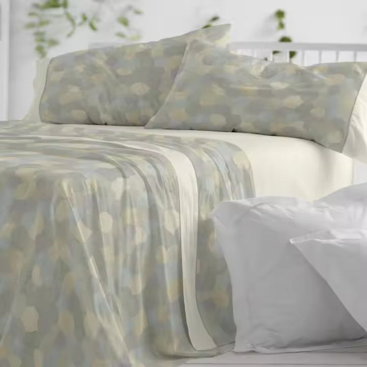 Juego Sábanas Diseño 043. BURRITO BLANCO. Incluye sábana encimera, bajera y 1/2 fundas de almohadas. Estampado geometrico de formas circulares.Disponible en color  Musgo y tierra. 50% Algodón - 50% Poliéster. Tamaños 90, 105, 135, 150-160 y 180 cm - 1