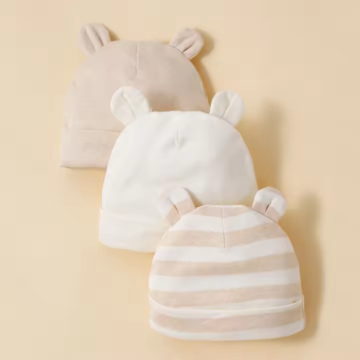 Gorros Unisex Para Bebés 3 Piezas Algodón 100% Suave Y Cómodo Moda Minimalista Abrigo De Invierno Talla Fitted 0-12 Meses Color Abricot - 1