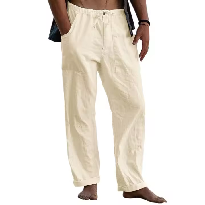 Linen Trousers Yoga Beach Loose Casual Summer Elastic Waist Drawstring Loose Pants with Pockets - 1