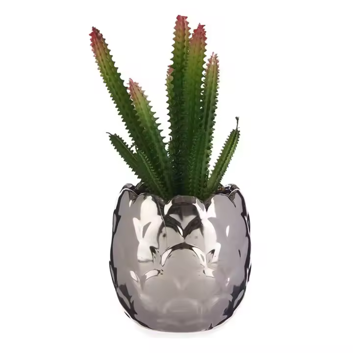 Planta Decorativa Ibergarden HY2-44 Cerámica Plástico Cactus 10 x 20 x 10 cm Plateado - 1