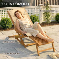 Outsunny Tumbona Silla Plegable de Madera de Acacia, Silla de Jardín Exterior con Reposapiés Desmontable y Cojín con Reposacabezas, Carga 160 kg, para Terraza, Patio, Playa, 158x61x70 cm, Beige - details 3