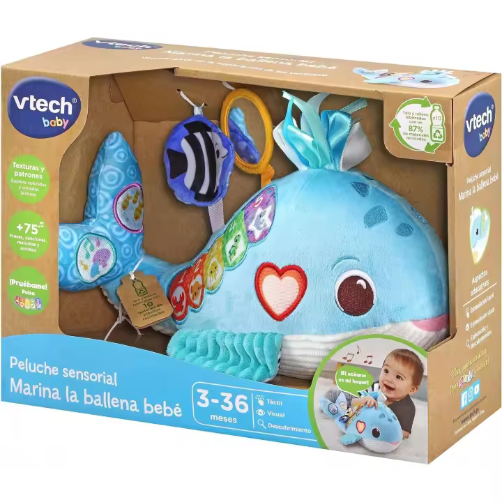 VTech - Marina la bebé Peluche sensorial para bebés +3 meses, Juguete fabricado con materiales reciclados, Desarrolla el sentido de la vista, el tacto y el oído, Versión ESP - 1