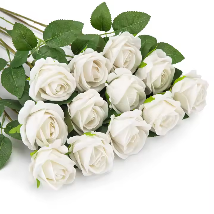 12 piezas de rosas artificiales, flores de franela falsas flores de tallo largo único con Rose Buds (blanco) - 1