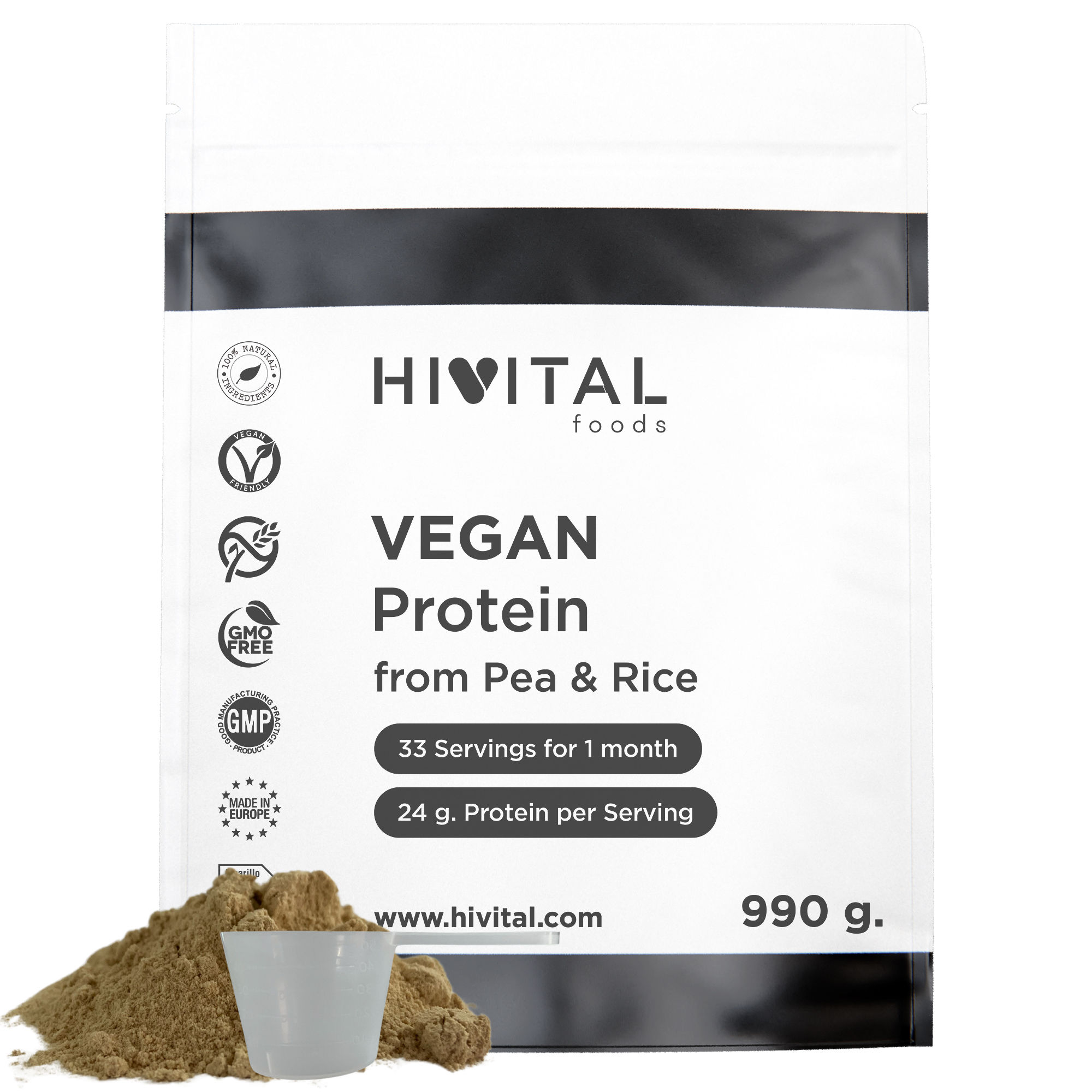 Proteína Vegana 990 g para 1 mes de tratamiento. 24 g de Proteina Natural al día. Protein a base de Aislado de Guisante y Concentrado de Arroz Integral. Con Aroma Natural de Chocolate. Sin Soja. Hivital