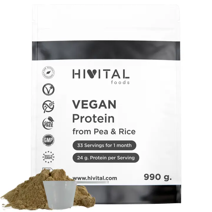 Proteína Vegana 990 g para 1 mes de tratamiento. 24 g de Proteina Natural al día. Protein a base de Aislado de Guisante y Concentrado de Arroz Integral. Con Aroma Natural de Chocolate. Sin Soja. Hivital - 1