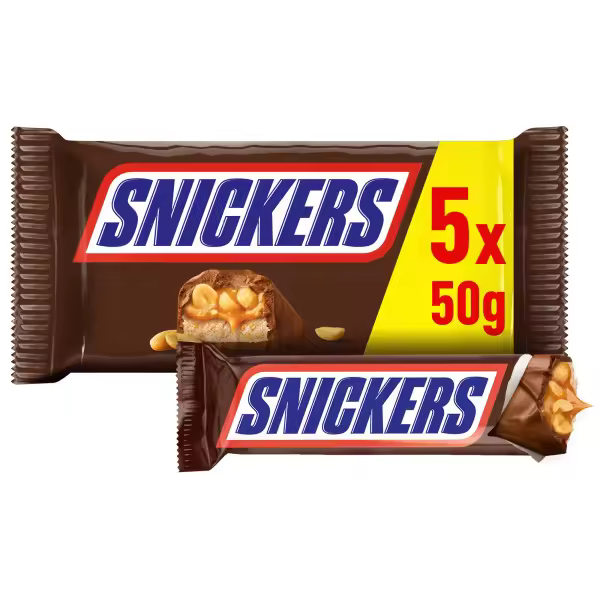 Snickers Barrita de Chocolate con Leche, Crema de Cacahuete, Caramelo y Cacahuetes, 8 packs con 5 de 50g - 1