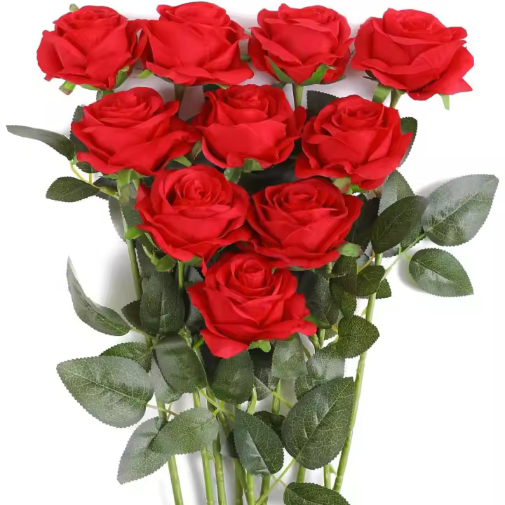 SOMY Ramo de flores de seda de rosas artificiales, arreglos de boda para el hogar, oficina, rojo (10 piezas) Flores artificiales - 1
