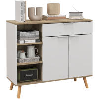 HOMCOM Aparador de Salón Moderno Aparador de Cocina con 1 Cajón 2 Puertas de Cierre Suave y Estantes Ajustables para Comedor Pasillo Dormitorio 95x35x85 cm Blanco y Natural - details 0