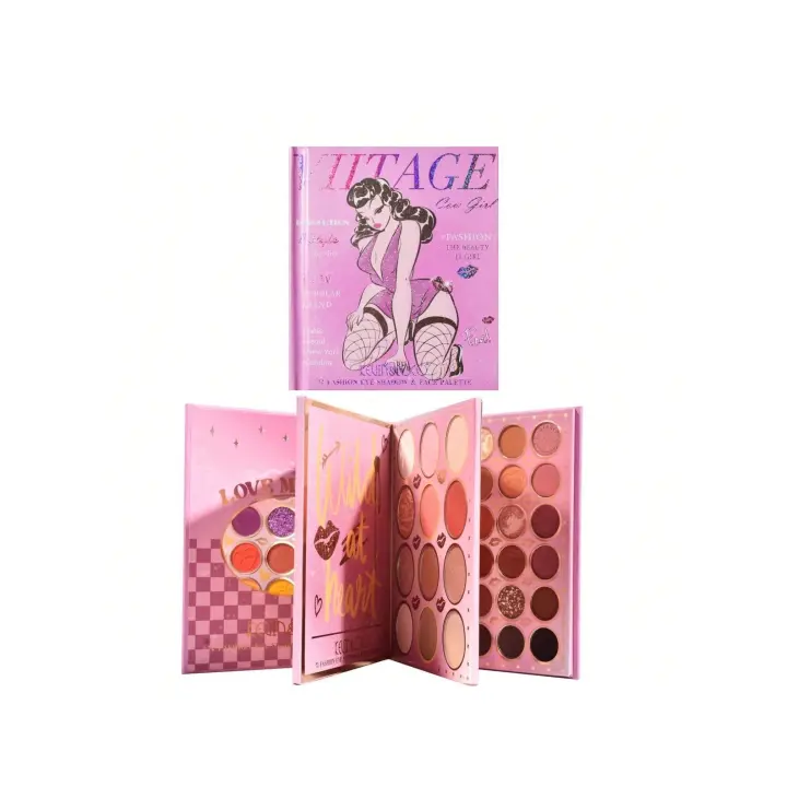 Kevin & Coco - Paleta De Maquillaje 72 Colores Kevin & Coco - Sombras De Ojos, Iluminadores, Coloretes Y Contornos - Alta Pigmentación Y Variedad De Acabados - Estilo Libro Con Diseño Pin-Up Y Espejo Interior - 1
