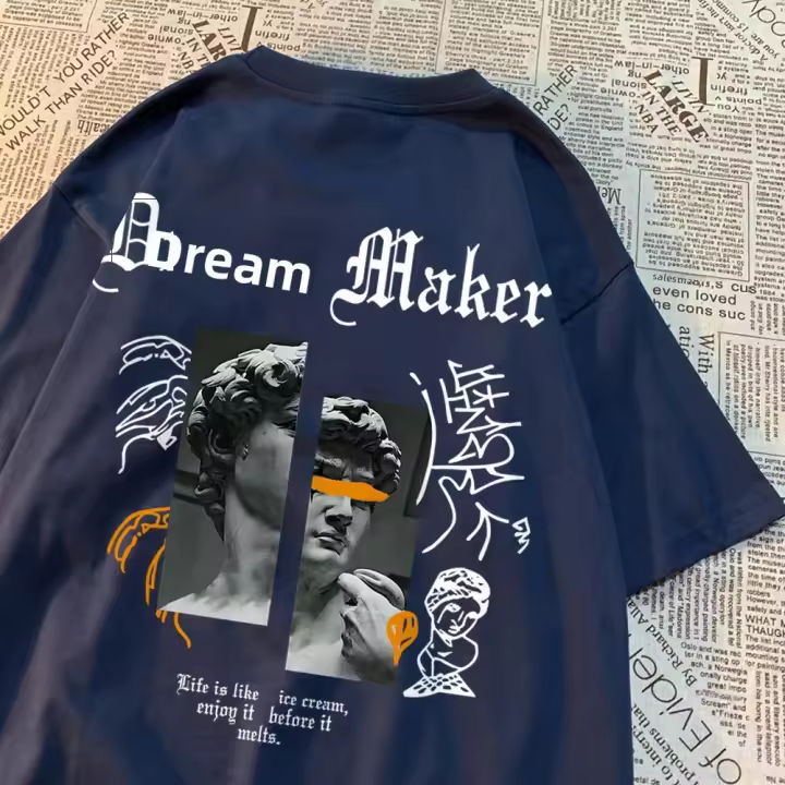Camiseta De Algodón Para Hombre Dream Maker Brave Patrón De Escultura Vintage Cómoda Casual Para Pareja Camiseta Suelta Cuello Redondo - 1