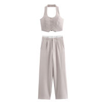 Conjunto De Vestido Y Pantalones Anchos Para Mujer TRAFZA Estilo Retro Sin Espalda Halter Collar Delgado Botones + Cintura Alta Pleated Con Bolsillos - details 2
