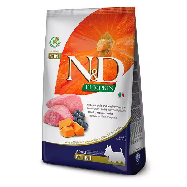 FARMINA N&D DOG PUMPKIN MINI CORDERO 800GR / Alimento completo para perros adultos de razas de tamaño pequeño y mini. Elaborado a base de cordero, calabaza y arándanos. - 1